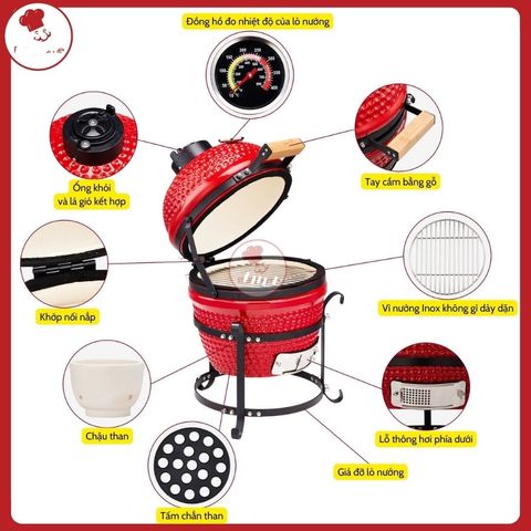 Lò Nướng Gốm Kamado 12.6 inch Di Động - Lò Nướng Than Đen Chịu Nhiệt Cao Cho Tiệc Nướng Ngoài Trời, Cắm Trại và Nấu Ăn Camping