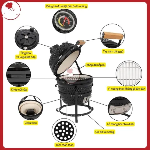 Lò Nướng Gốm Kamado 12.6 inch Di Động - Lò Nướng Than Đen Chịu Nhiệt Cao Cho Tiệc Nướng Ngoài Trời, Cắm Trại và Nấu Ăn Camping