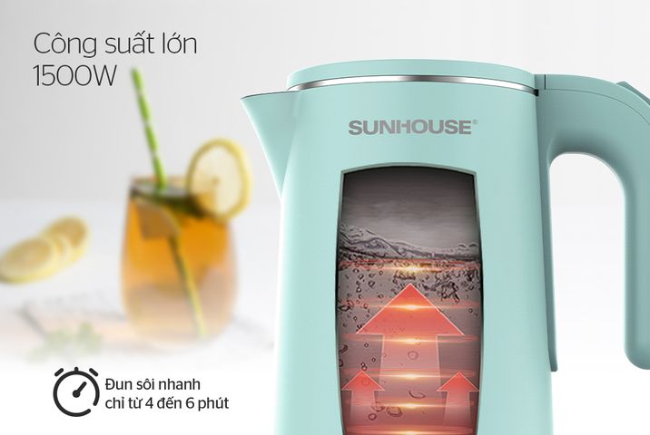 Âm Siêu Tốc Inox 2 Lớp 1.8 Lít SUNHOUSE SHD1351 - Công Suất 1500W, Đế Tiếp Điện Xoay 360 Độ, Nấu Nước Nhanh Chóng, Màu Xanh