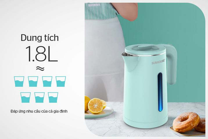 Âm Siêu Tốc Inox 2 Lớp 1.8 Lít SUNHOUSE SHD1351 - Công Suất 1500W, Đế Tiếp Điện Xoay 360 Độ, Nấu Nước Nhanh Chóng, Màu Xanh