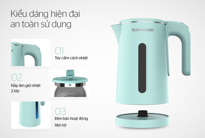 Âm Siêu Tốc Inox 2 Lớp 1.8 Lít SUNHOUSE SHD1351 - Công Suất 1500W, Đế Tiếp Điện Xoay 360 Độ, Nấu Nước Nhanh Chóng, Màu Xanh