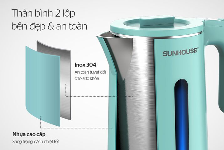 Âm Siêu Tốc Inox 2 Lớp 1.8 Lít SUNHOUSE SHD1351 - Công Suất 1500W, Đế Tiếp Điện Xoay 360 Độ, Nấu Nước Nhanh Chóng, Màu Xanh