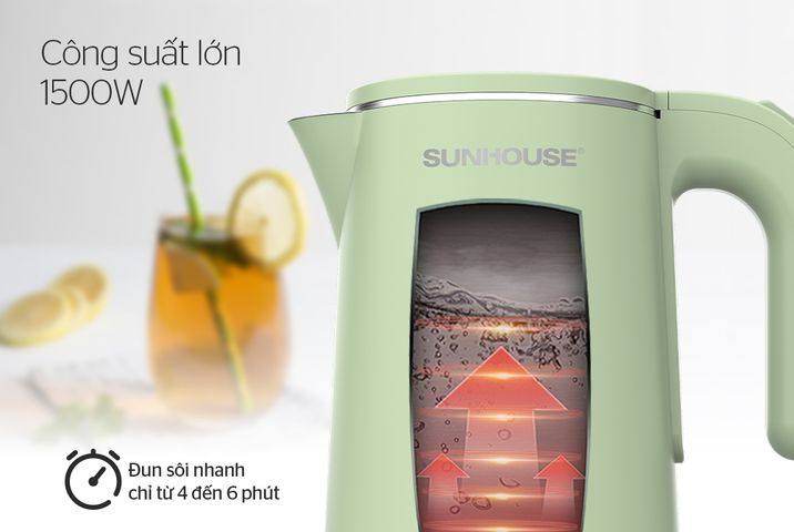 Ấm Siêu Tốc Inox 2 Lớp 1.8L SUNHOUSE SHD1353 - Công Suất 1500W, Đế Xoay 360 Độ, Tự Động Tắt, Bảo Hành 12 Tháng