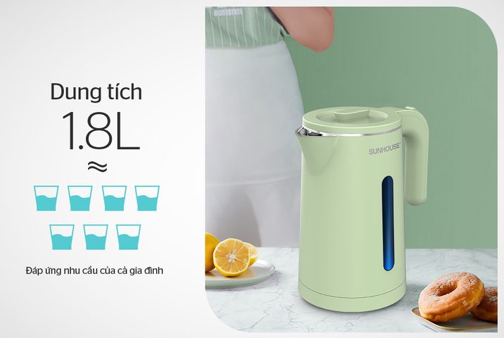 Ấm Siêu Tốc Inox 2 Lớp 1.8L SUNHOUSE SHD1353 - Công Suất 1500W, Đế Xoay 360 Độ, Tự Động Tắt, Bảo Hành 12 Tháng