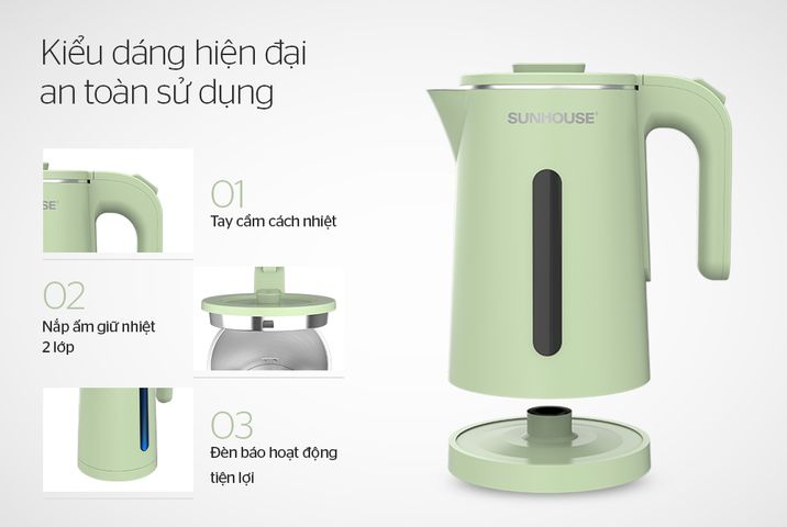 Ấm Siêu Tốc Inox 2 Lớp 1.8L SUNHOUSE SHD1353 - Công Suất 1500W, Đế Xoay 360 Độ, Tự Động Tắt, Bảo Hành 12 Tháng