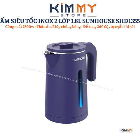 Ấm Siêu Tốc Inox 2 Lớp 1.8L Sunhouse SHD1355 - Công Suất 1500W, Tự Động Tắt, Đế Xoay 360 Độ, Màu Xanh Than, Bảo Hành 12 Tháng