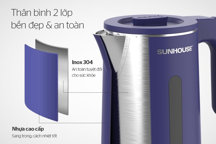 Ấm Siêu Tốc Inox 2 Lớp 1.8L Sunhouse SHD1355 - Công Suất 1500W, Tự Động Tắt, Đế Xoay 360 Độ, Màu Xanh Than, Bảo Hành 12 Tháng