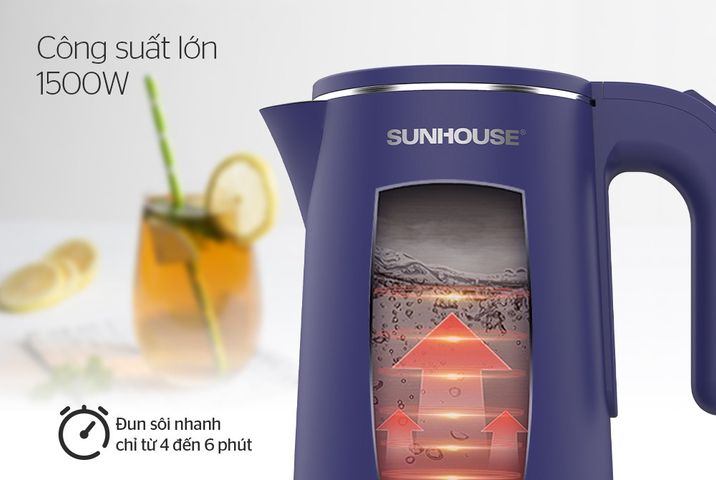 Ấm Siêu Tốc Inox 2 Lớp 1.8L Sunhouse SHD1355 - Công Suất 1500W, Tự Động Tắt, Đế Xoay 360 Độ, Màu Xanh Than, Bảo Hành 12 Tháng