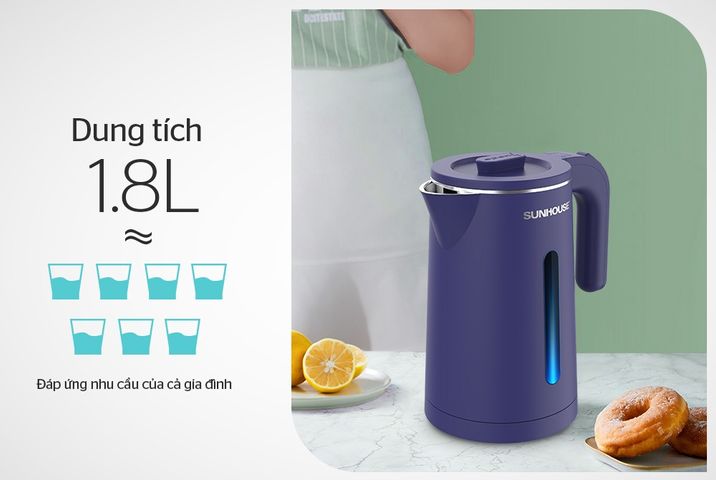 Ấm Siêu Tốc Inox 2 Lớp 1.8L Sunhouse SHD1355 - Công Suất 1500W, Tự Động Tắt, Đế Xoay 360 Độ, Màu Xanh Than, Bảo Hành 12 Tháng
