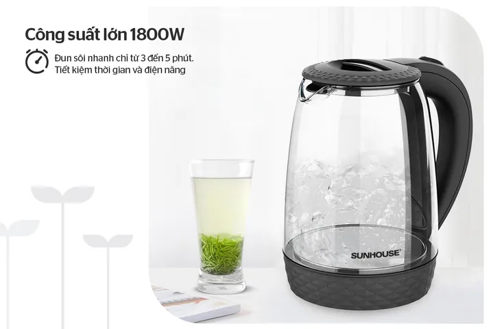 Ấm Siêu Tốc Thủy Tinh 1.8L Sunhouse SHD1215B - Công Suất 1800W, Thiết Kế Đen Hiện Đại, Đế Xoay 360 Độ, Tự Ngắt Khi Nước Sôi