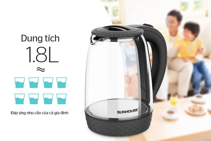 Ấm Siêu Tốc Thủy Tinh 1.8L Sunhouse SHD1215B - Công Suất 1800W, Thiết Kế Đen Hiện Đại, Đế Xoay 360 Độ, Tự Ngắt Khi Nước Sôi