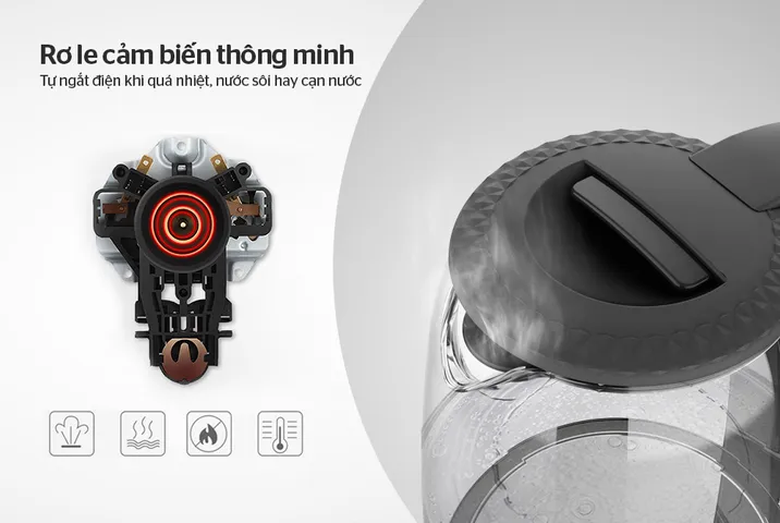 Ấm Siêu Tốc Thủy Tinh 1.8L Sunhouse SHD1215B - Công Suất 1800W, Thiết Kế Đen Hiện Đại, Đế Xoay 360 Độ, Tự Ngắt Khi Nước Sôi