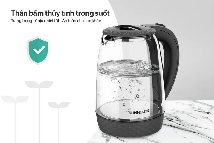 Ấm Siêu Tốc Thủy Tinh 1.8L Sunhouse SHD1215B - Công Suất 1800W, Thiết Kế Đen Hiện Đại, Đế Xoay 360 Độ, Tự Ngắt Khi Nước Sôi