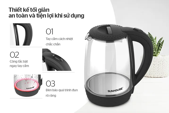 Ấm Siêu Tốc Thủy Tinh 1.8L Sunhouse SHD1215B - Công Suất 1800W, Thiết Kế Đen Hiện Đại, Đế Xoay 360 Độ, Tự Ngắt Khi Nước Sôi