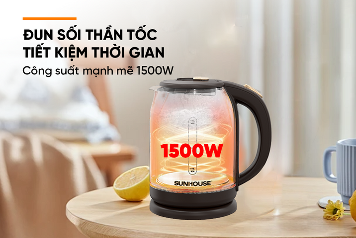 Bình Đun Siêu Tốc Sunhouse SHD1212 1.8L Thủy Tinh 1500W - Đế Xoay 360 Độ, Tự Động Ngắt Khi Nước Sôi, An Toàn và Tiện Lợi
