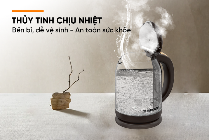 Bình Đun Siêu Tốc Sunhouse SHD1212 1.8L Thủy Tinh 1500W - Đế Xoay 360 Độ, Tự Động Ngắt Khi Nước Sôi, An Toàn và Tiện Lợi