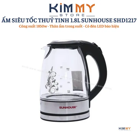 Ấm Siêu Tốc Thủy Tinh 1.7L SUNHOUSE SHD1217 - Công Suất 1850W, Đế Xoay 360 Độ, Hoa Văn Đen, Bảo Hành 12 Tháng