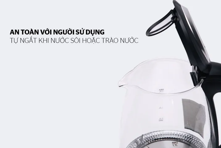 Ấm Siêu Tốc Thủy Tinh 1.7L SUNHOUSE SHD1217 - Công Suất 1850W, Đế Xoay 360 Độ, Hoa Văn Đen, Bảo Hành 12 Tháng