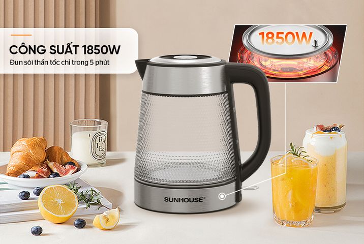 Ấm Siêu Tốc Thủy Tinh Sunhouse SHD1220 - Dung Tích 1.8L, Công Suất 1850W, Đế Xoay 360 Độ, Bảo Hành 12 Tháng