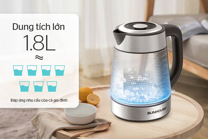 Ấm Siêu Tốc Thủy Tinh Sunhouse SHD1220 - Dung Tích 1.8L, Công Suất 1850W, Đế Xoay 360 Độ, Bảo Hành 12 Tháng