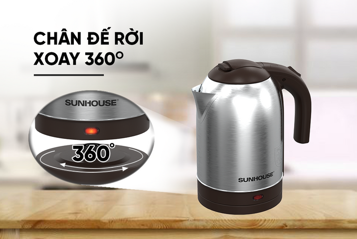 Ấm Siêu Tốc Inox 1.8L Sunhouse SHD1185 - Công Suất 1500W, Đế Tiếp Điện Xoay 360 Độ - Bình Đun Nước An Toàn và Tiết Kiệm Điện