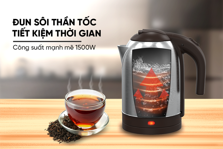 Ấm Siêu Tốc Inox 1.8L Sunhouse SHD1185 - Công Suất 1500W, Đế Tiếp Điện Xoay 360 Độ - Bình Đun Nước An Toàn và Tiết Kiệm Điện