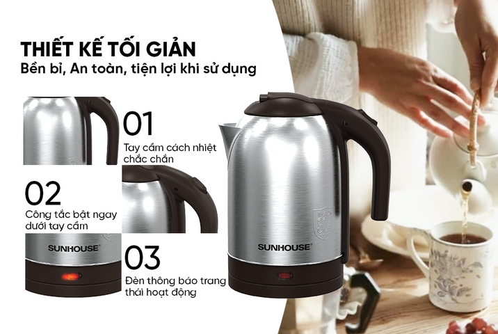 Ấm Siêu Tốc Inox 1.8L Sunhouse SHD1185 - Công Suất 1500W, Đế Tiếp Điện Xoay 360 Độ - Bình Đun Nước An Toàn và Tiết Kiệm Điện