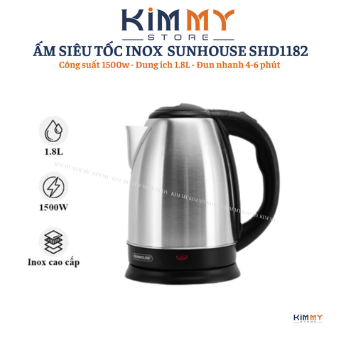 Ấm Siêu Tốc INOX 1.8L SUNHOUSE SHD1182 - Công Suất 1500W, Đun Nước Nhanh Chóng, Đế Xoay 360 Độ, Bảo Hành 12 Tháng