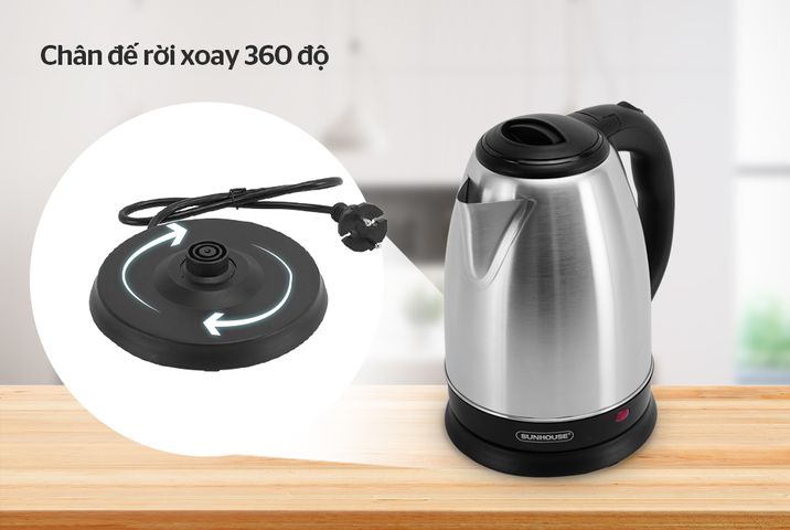 Ấm Siêu Tốc INOX 1.8L SUNHOUSE SHD1182 - Công Suất 1500W, Đun Nước Nhanh Chóng, Đế Xoay 360 Độ, Bảo Hành 12 Tháng