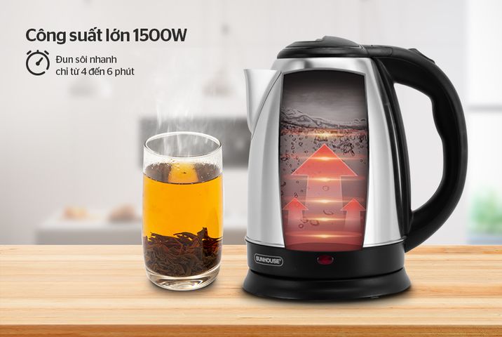 Ấm Siêu Tốc INOX 1.8L SUNHOUSE SHD1182 - Công Suất 1500W, Đun Nước Nhanh Chóng, Đế Xoay 360 Độ, Bảo Hành 12 Tháng