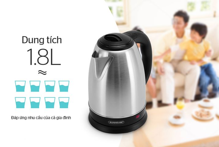 Ấm Siêu Tốc INOX 1.8L SUNHOUSE SHD1182 - Công Suất 1500W, Đun Nước Nhanh Chóng, Đế Xoay 360 Độ, Bảo Hành 12 Tháng