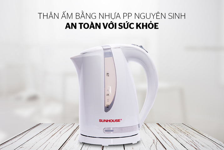 Ấm Siêu Tốc Nhựa 1.7L Sunhouse SHD1300 Trắng - Công Suất 1850W, Đế Xoay 360 Độ, Bảo Hành 12 Tháng