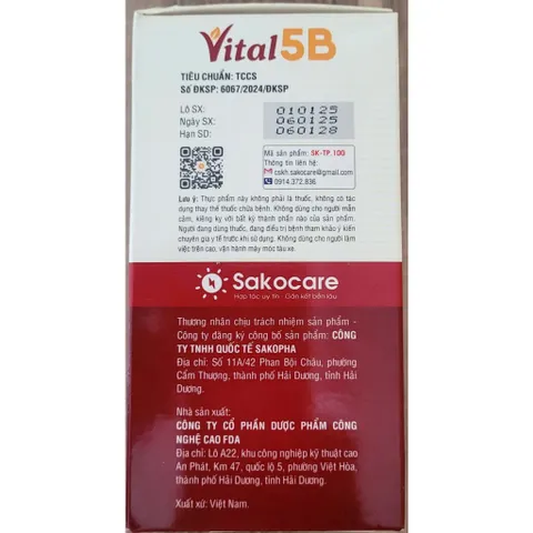 Viên uống Vital 5B - Thực phẩm chức năng hỗ trợ tăng cường sức khỏe, cải thiện giấc ngủ và chống chán ăn cho người lớn và trẻ trên 13 tuổi.