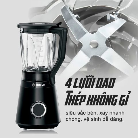Máy xay sinh tố Bosch MMB6176B - Động cơ 1200W, cối thủy tinh ThermoSafe 1.5L, xay mịn thực phẩm nóng/lạnh dễ dàng