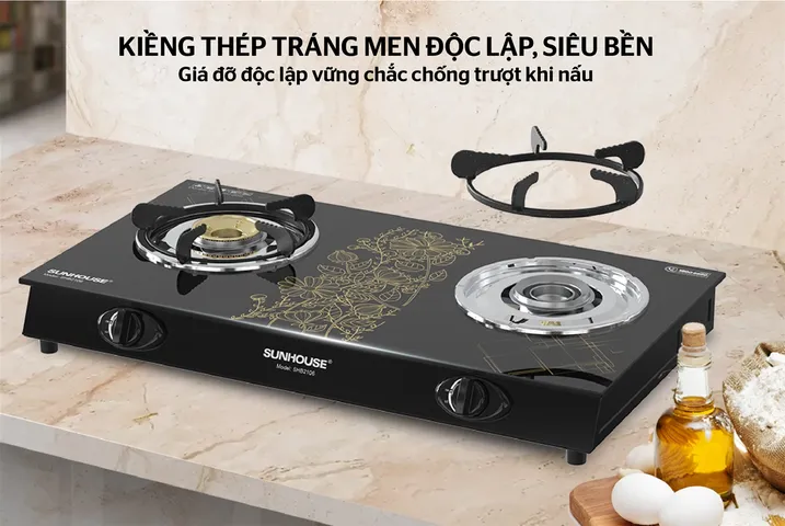 Bếp Gas Dương Kính SUNHOUSE SHB2106 - Đánh Lửa Nhanh, Tiết Kiệm Gas, Dễ Vệ Sinh - Đầu Đốt Đồng Bền Bỉ 12 Tháng