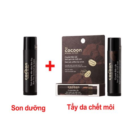 Combo Son Dưỡng Môi Dầu Dừa Bến Tre Và Tẩy Da Chết Môi Cà Phê Đắk Lắk Cocoon 5g - Chăm Sóc Môi Mềm Mịn, Hồng Hào