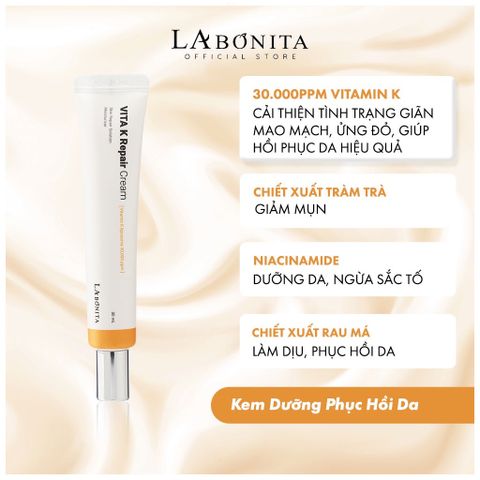 Kem Dưỡng Ẩm Phục Hồi Da LaBonita Vita K Repair Cream 30ml - Giảm Đỏ Da, Phục Hồi Sau Điều Trị, Chống Oxy Hóa Hàn Quốc