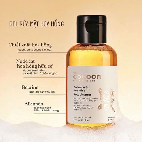 Gel Rửa Mặt Hoa Hồng Cocoon 140ml - Làm Sạch Sâu, Cấp Ẩm & Phục Hồi Da Khô, Chiết Xuất Hoa Hồng Tự Nhiên, Dành Cho Mọi Loại Da