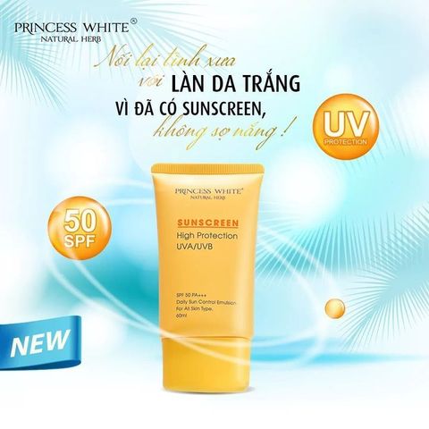 Kem Chống Nắng Da Mặt Princess White SPF 50 PA+++ 60ml - Bảo Vệ Da Toàn Diện, Ngăn UV và Dưỡng Ẩm, Cấp Nhìn Rạng Rỡ