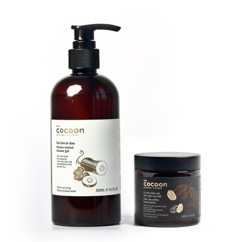 Bộ sản phẩm Gel tắm bí đao Cocoon 300ml và Cà phê Đăk Lăk 200ml - Chăm sóc da mịn màng, sạch sẽ và thư giãn tự nhiên.