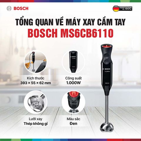 Máy Xay Sinh Tố Cầm Tay Bosch MS6CB6110 ErgomiXX 1000W - Động Cơ Mạnh Mẽ, Lưỡi Dao 4 Cánh, Tiện Lợi Cho Nhà Bếp