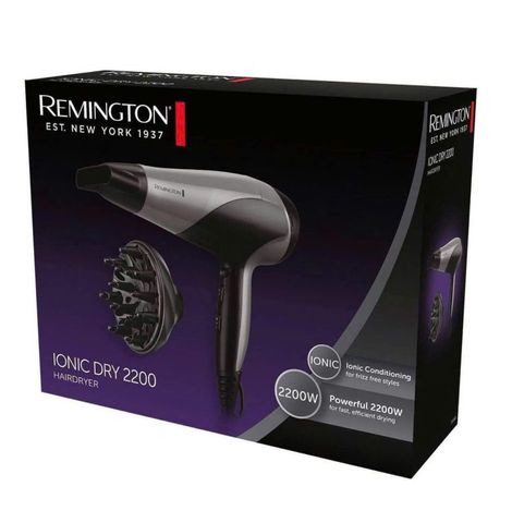 Máy Sấy Tóc Remington Ionic D3190S 2200W - Sấy Nhanh, Công Nghệ Ion Giúp Tóc Mượt Mà, Màu Xám Đen, Phụ Kiện Đầy Đủ