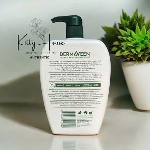 Sữa tắm và rửa mặt dịu nhẹ Dermaveen - Chai 1 lít cho da nhạy cảm, không chứa SLS, giúp duy trì độ ẩm và bảo vệ da hiệu quả.