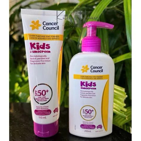 Kem chống nắng Cancer Council SPF 50+ Kids - Bảo vệ da nhạy cảm cho bé, tuýp 110ml và chai 200ml, không cay mắt, chống nước 4 giờ
