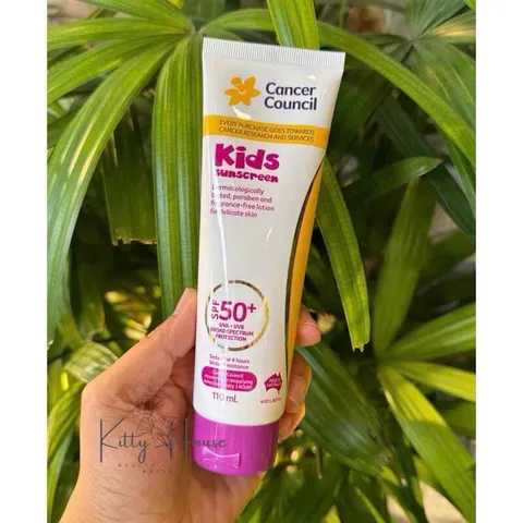 Kem chống nắng Cancer Council SPF 50+ Kids - Bảo vệ da nhạy cảm cho bé, tuýp 110ml và chai 200ml, không cay mắt, chống nước 4 giờ