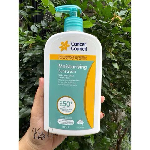 Kem Chống Nắng Dưỡng Ẩm Cancer Council SPF 50+ với Aloe Vera & Vitamin E - bảo vệ UVA/UVB, chai 500ml