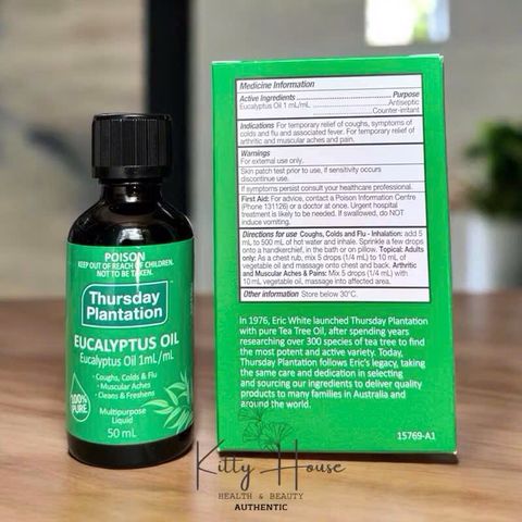 Tinh Dầu Khuynh Diệp Nguyên Chất Thursday Plantation 100ml & 50ml - Giảm Cảm, Kháng Khuẩn, Dành Cho Bé và Mẹ Bầu