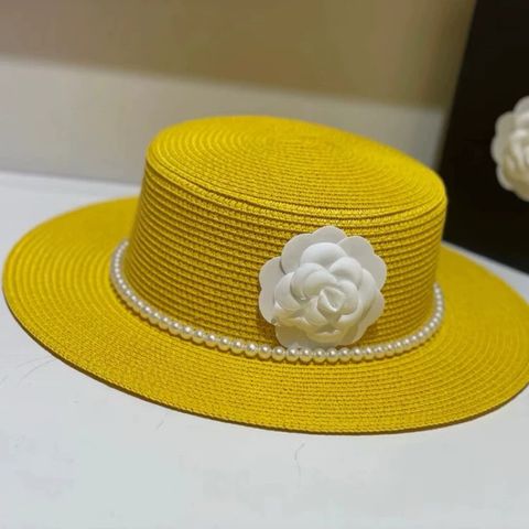 Nón cói đầu vuông hoa trà ngọc trai nhiều màu sắc đu du lịch cực sang, tiểu thư