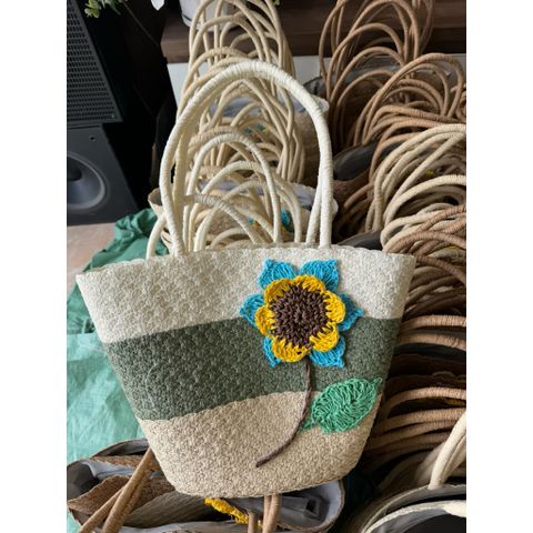 túi cói đi biển vân nổi size 43 cm thêu hoa hướng dương có khóa kéo cho nữ đựng đồ