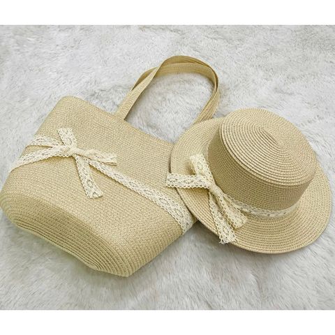 set túi cói đi biển đính nơ ren kèm nón cói nhiều màu sắc cho nữ đi biển, đi du lịch